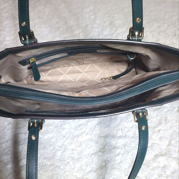 MICHAEL by Michael Kors Voyager Large Crossgrain Leather Tote Bag in Dark Green - Picture 12 of 14